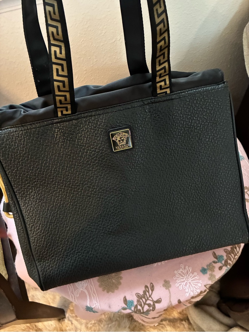Versace Pebbled Black Tote Weekender Gold Hardware Patterned Handles Designer